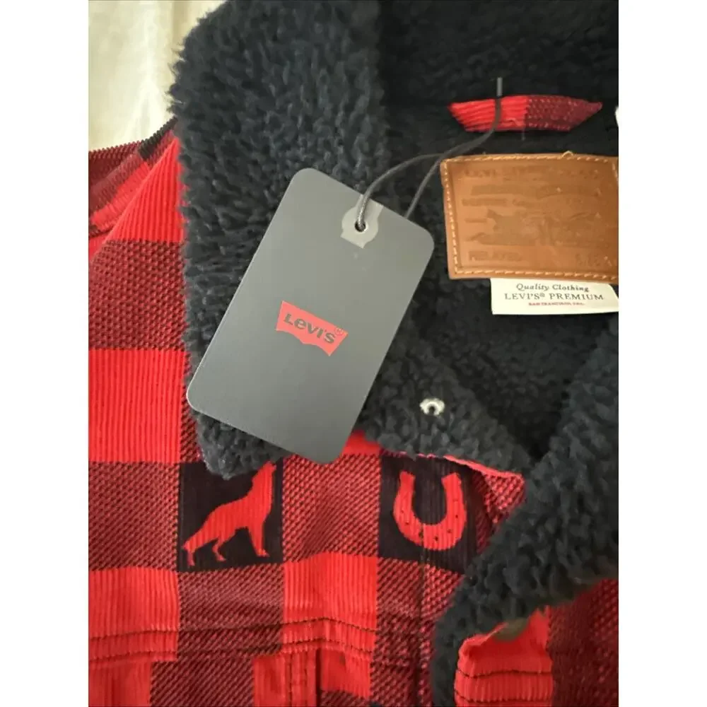 Levi’s Premium Sherpa Trucker Jacket XL Red Plaid Western Print New